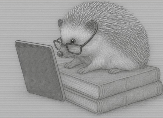 Hedgehog with an iPad facing left